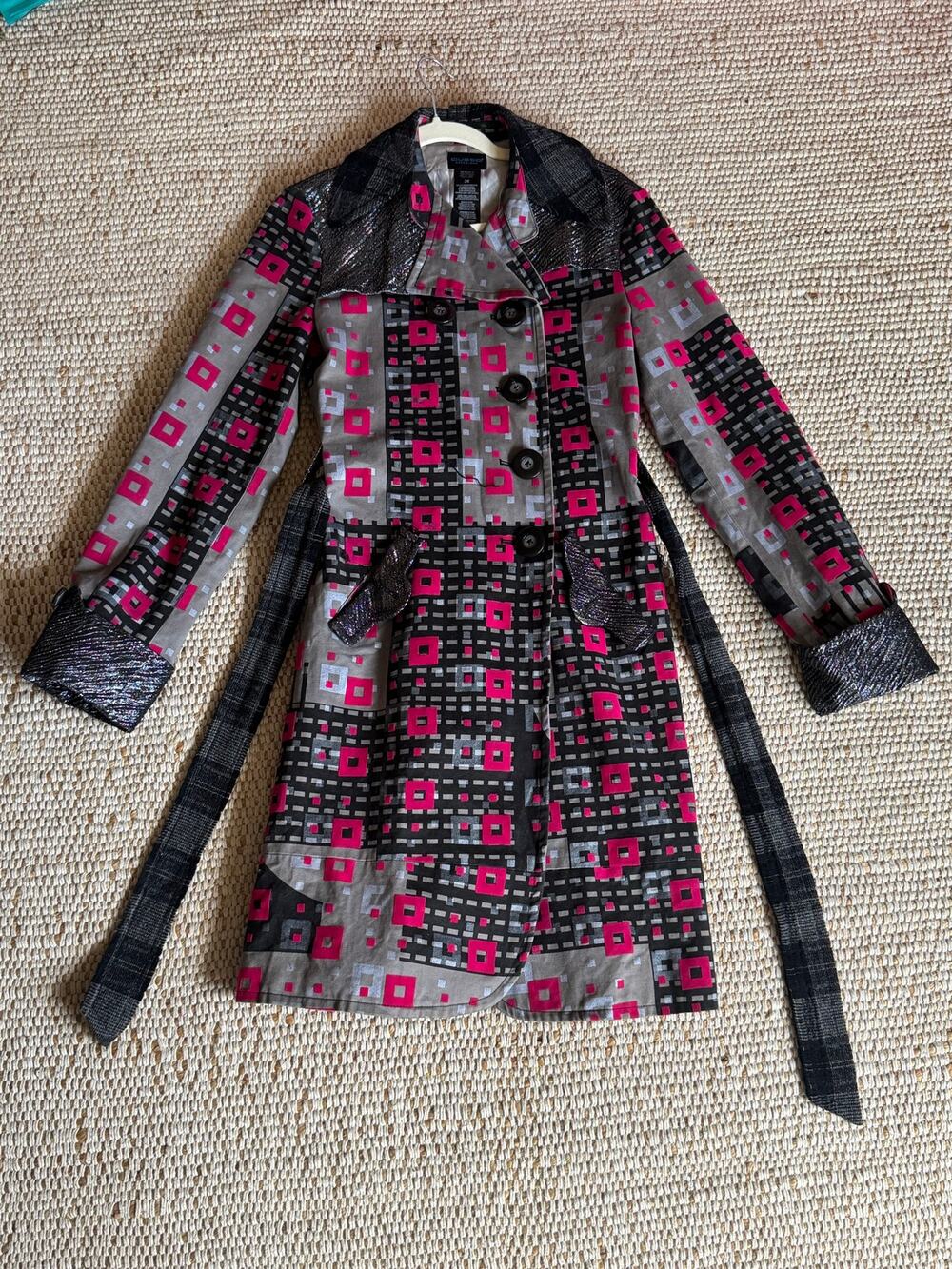 Custo Barcelona Geometric Patchwork Trench Coat Belted S/M Euro Y2K Artsy